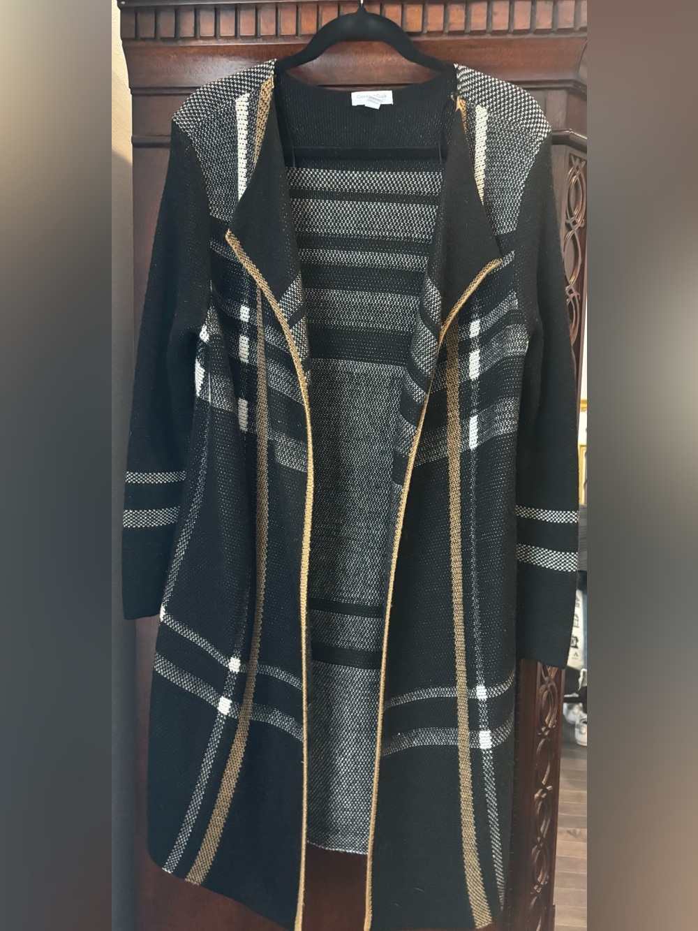 Charter Club Black Plaid Open-Front Cardigan with Cream and Tan Stripes